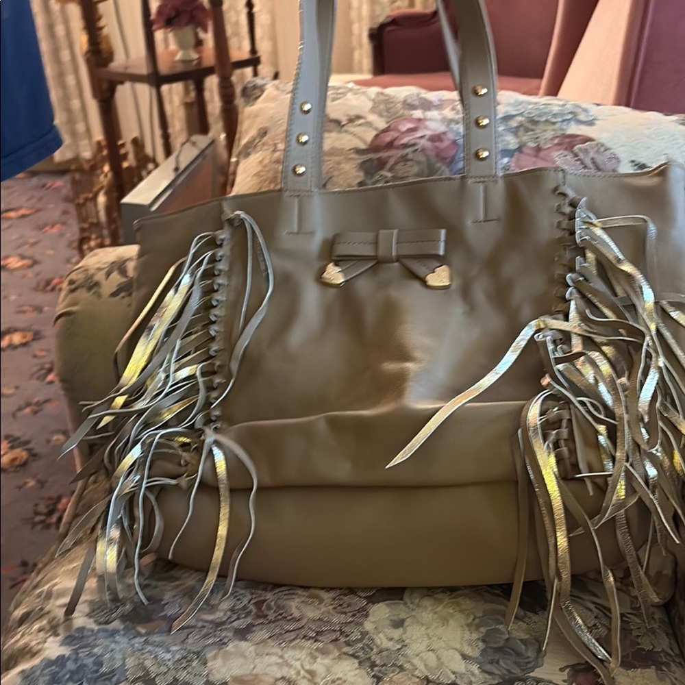 Betsey Johnson Tan and gold Tote with Fringe Detail
